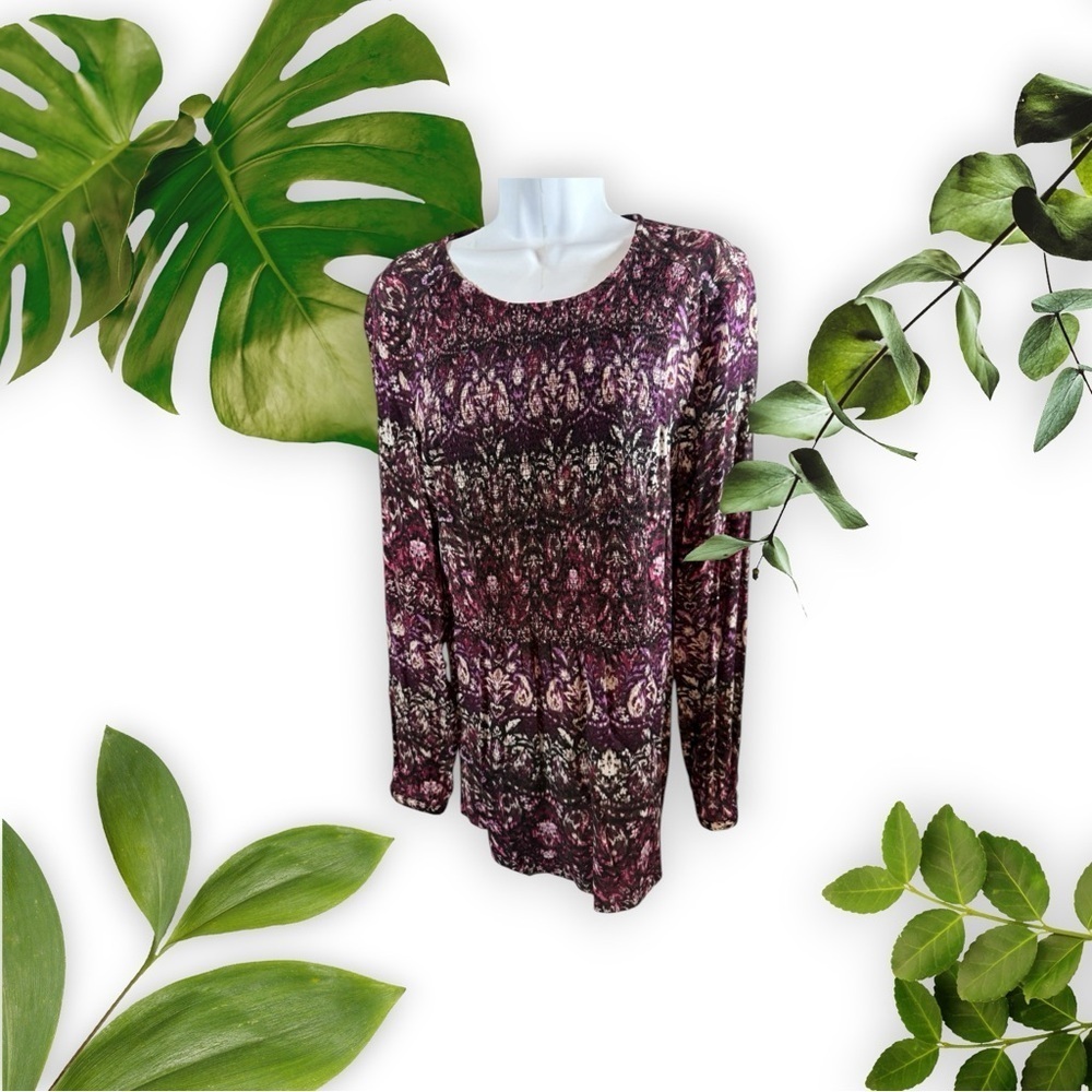 J. Jill Shirt Top Blouse Pullover Round Neck Womens M Red Purple Floral Elastic